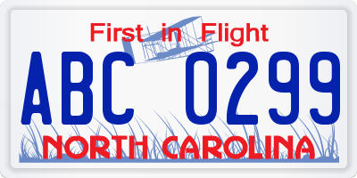 NC license plate ABC0299