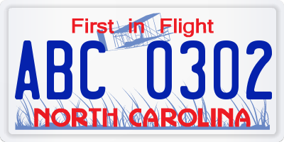 NC license plate ABC0302