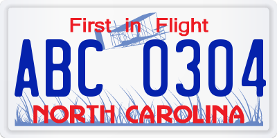 NC license plate ABC0304