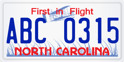 NC license plate ABC0315
