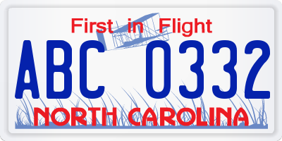 NC license plate ABC0332