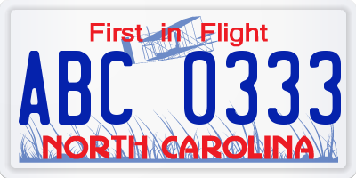 NC license plate ABC0333