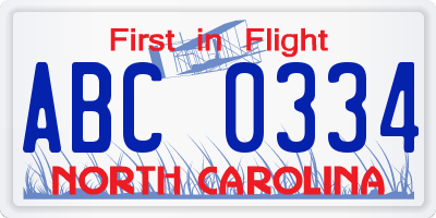 NC license plate ABC0334