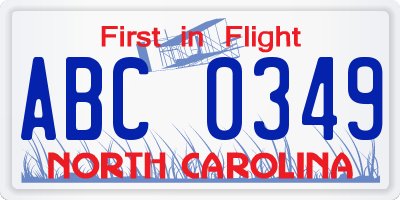 NC license plate ABC0349