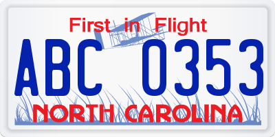 NC license plate ABC0353