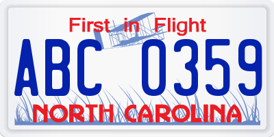 NC license plate ABC0359