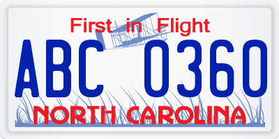 NC license plate ABC0360