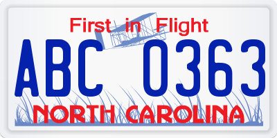 NC license plate ABC0363