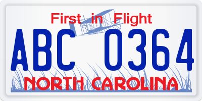 NC license plate ABC0364