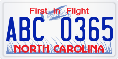 NC license plate ABC0365