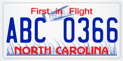 NC license plate ABC0366