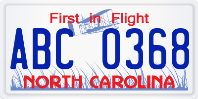 NC license plate ABC0368