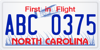 NC license plate ABC0375