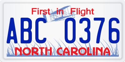 NC license plate ABC0376
