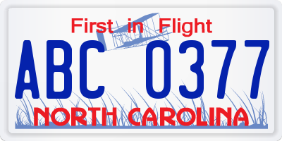 NC license plate ABC0377