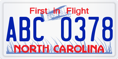 NC license plate ABC0378