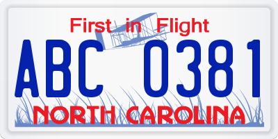 NC license plate ABC0381