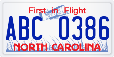 NC license plate ABC0386