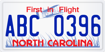 NC license plate ABC0396