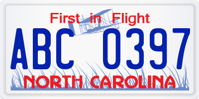 NC license plate ABC0397