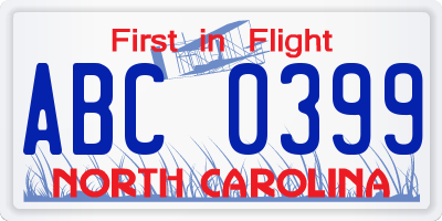 NC license plate ABC0399