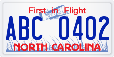 NC license plate ABC0402