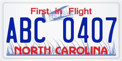 NC license plate ABC0407