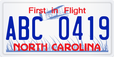 NC license plate ABC0419