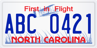 NC license plate ABC0421