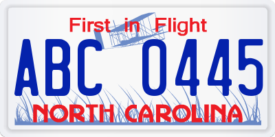 NC license plate ABC0445