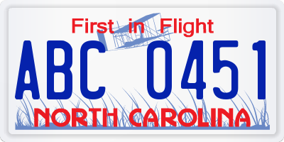 NC license plate ABC0451