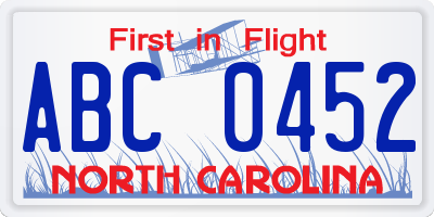 NC license plate ABC0452