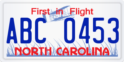 NC license plate ABC0453