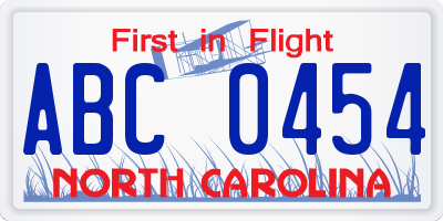 NC license plate ABC0454