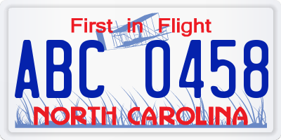 NC license plate ABC0458