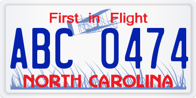 NC license plate ABC0474