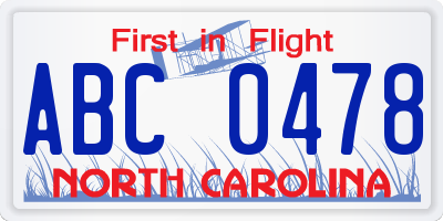 NC license plate ABC0478