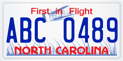 NC license plate ABC0489