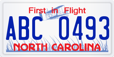 NC license plate ABC0493