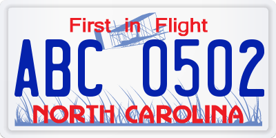 NC license plate ABC0502