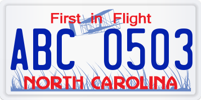 NC license plate ABC0503