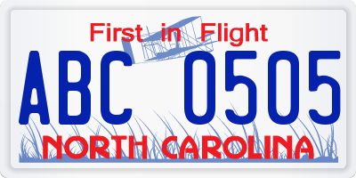 NC license plate ABC0505