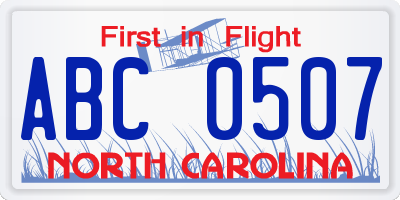 NC license plate ABC0507