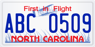 NC license plate ABC0509