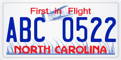 NC license plate ABC0522