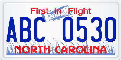 NC license plate ABC0530