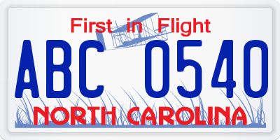 NC license plate ABC0540