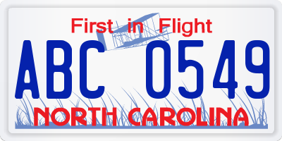 NC license plate ABC0549