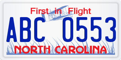 NC license plate ABC0553