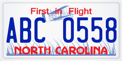 NC license plate ABC0558